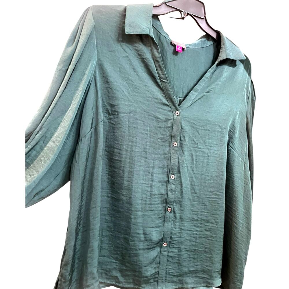 Vince Camuto Satin Balloon-Sleeve Button-up Blouse Top | 3X, Forest Green NWT - Picture 4 of 5